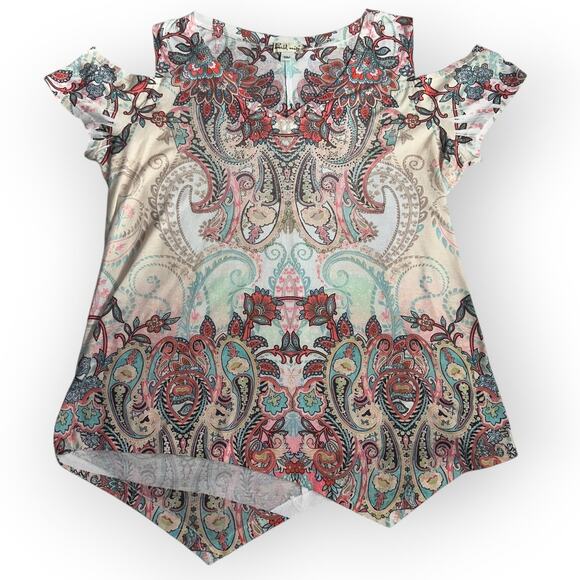 World Unity Cold Shoulder Paisley Print Boho Top Size XL Multi Soft Knit Blouse - Picture 2 of 13